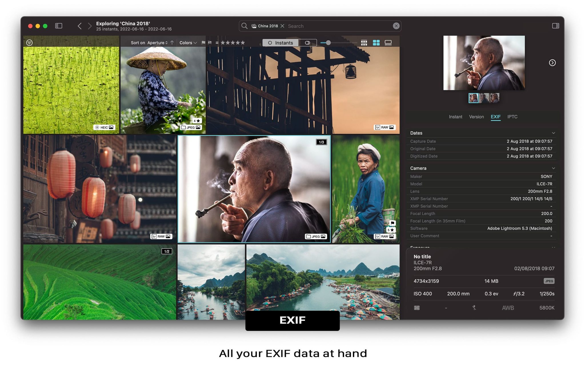 Peakto, EXIF information.