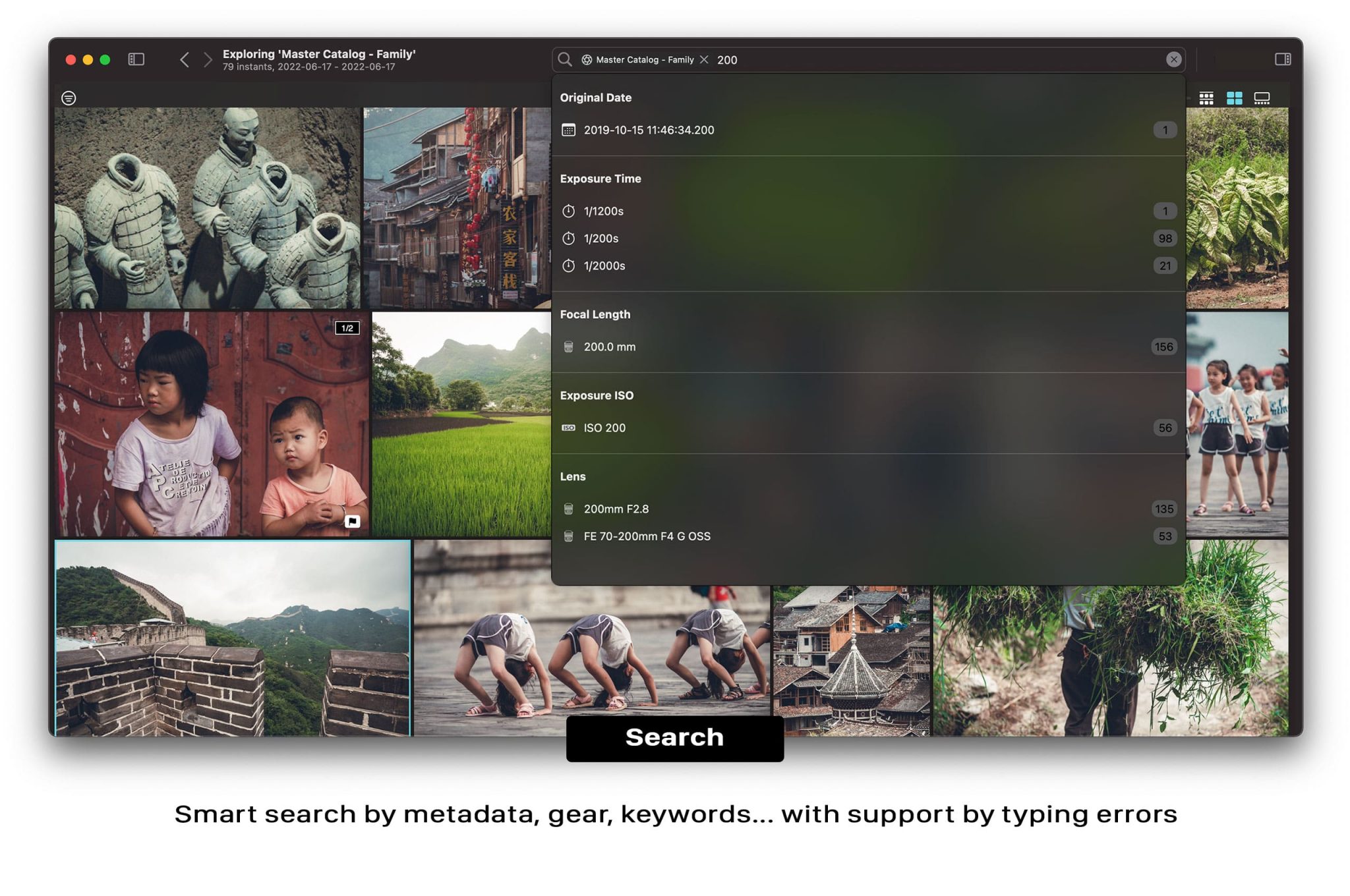 Peakto, smart search by metadata, gear, keywords.
