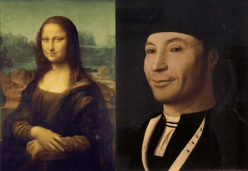 Portrait of the Mona Lisa from Leonardo da Vinci and portrait of an unknown man from Antonello Messina, both with a slight smile