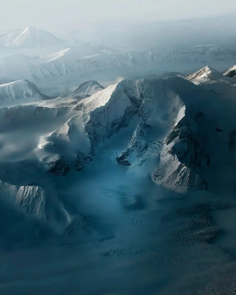 Aerial photography of the Arctic Fortress mountains in Svalbard, Norway