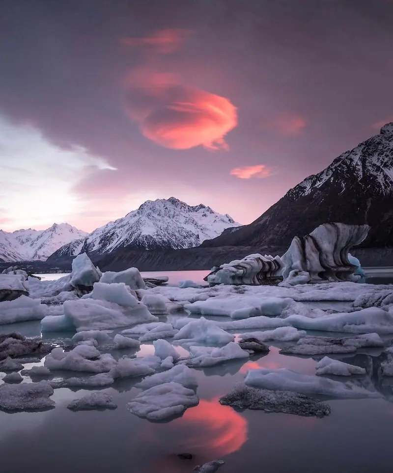 Photography of a sunset above a glacial environment, taken by Deb Clark, landscape photographer
