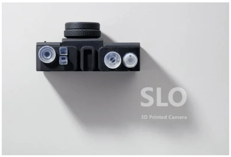 Studio photography of a camera made out of 3D printed plastic elements