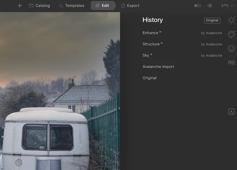 White van with a sky behind it. Avalanche migrates all the edits when converting of the photo catalog. After the conversion of the Luminar 4 catalogs, the edits are saved into Luminar AI