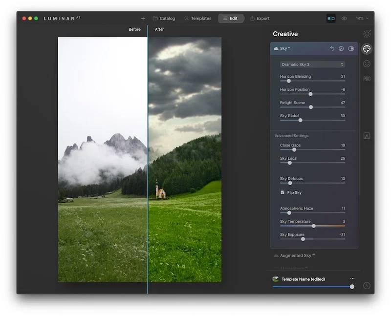 Luminar AI sky replacement: interface avant et après la migration par Avalanche