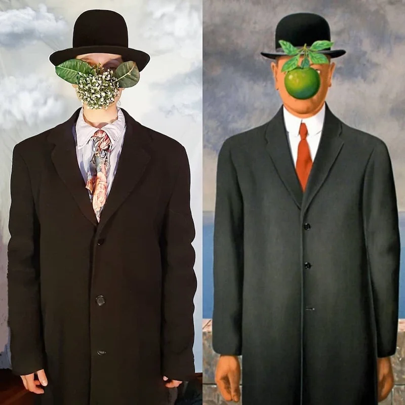 Abstract photo of a man with his face covered, recreating Magritte's painting, taking during containment when photographers were looking for new inspiration