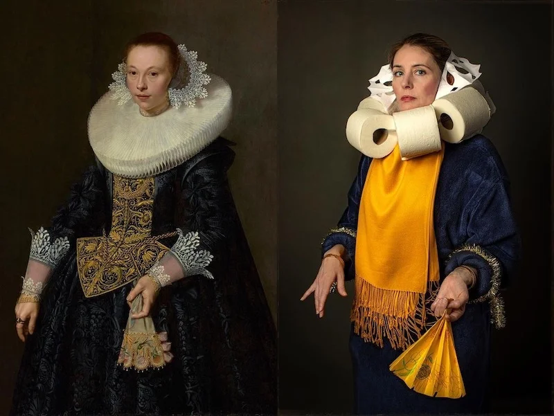 A woman disguised as on a painting, photographers looking for inspirations during containment