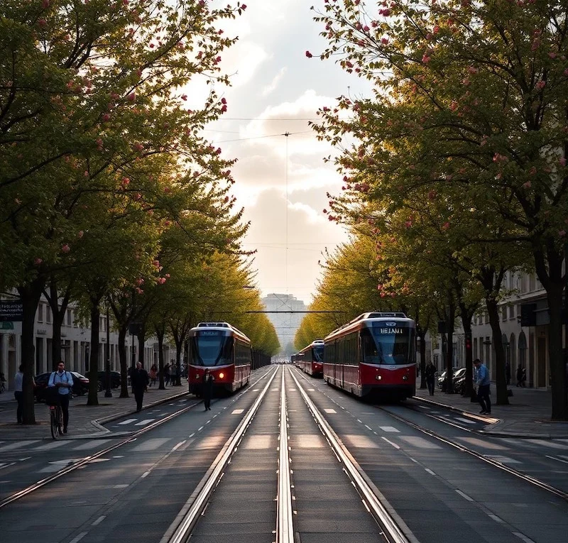 Image IA générée d'une rue avec des tramways