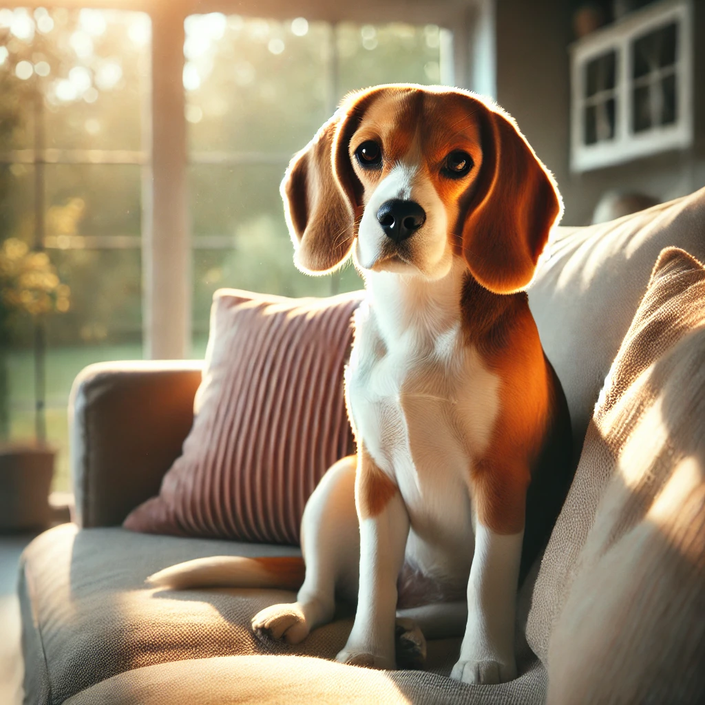 Image IA générée d'un beagle assis sur un canapé