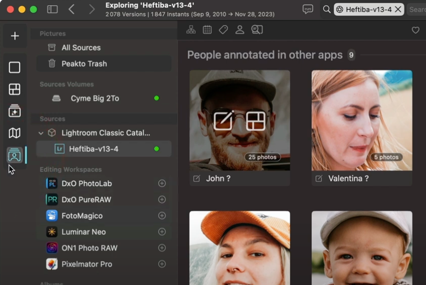 Peakto’s photo management software interface for Face Tagging