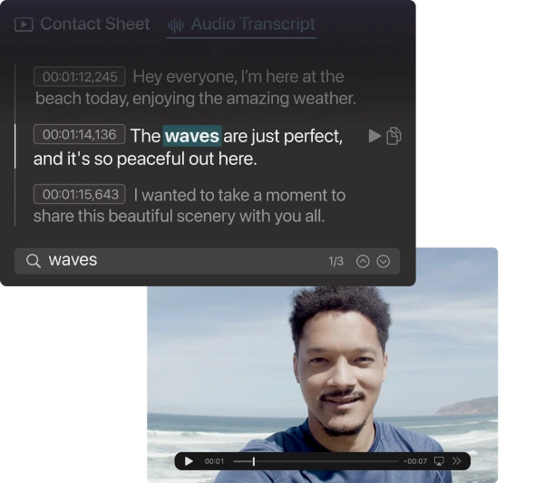 Video transcript and search within the dialogs in Peakto