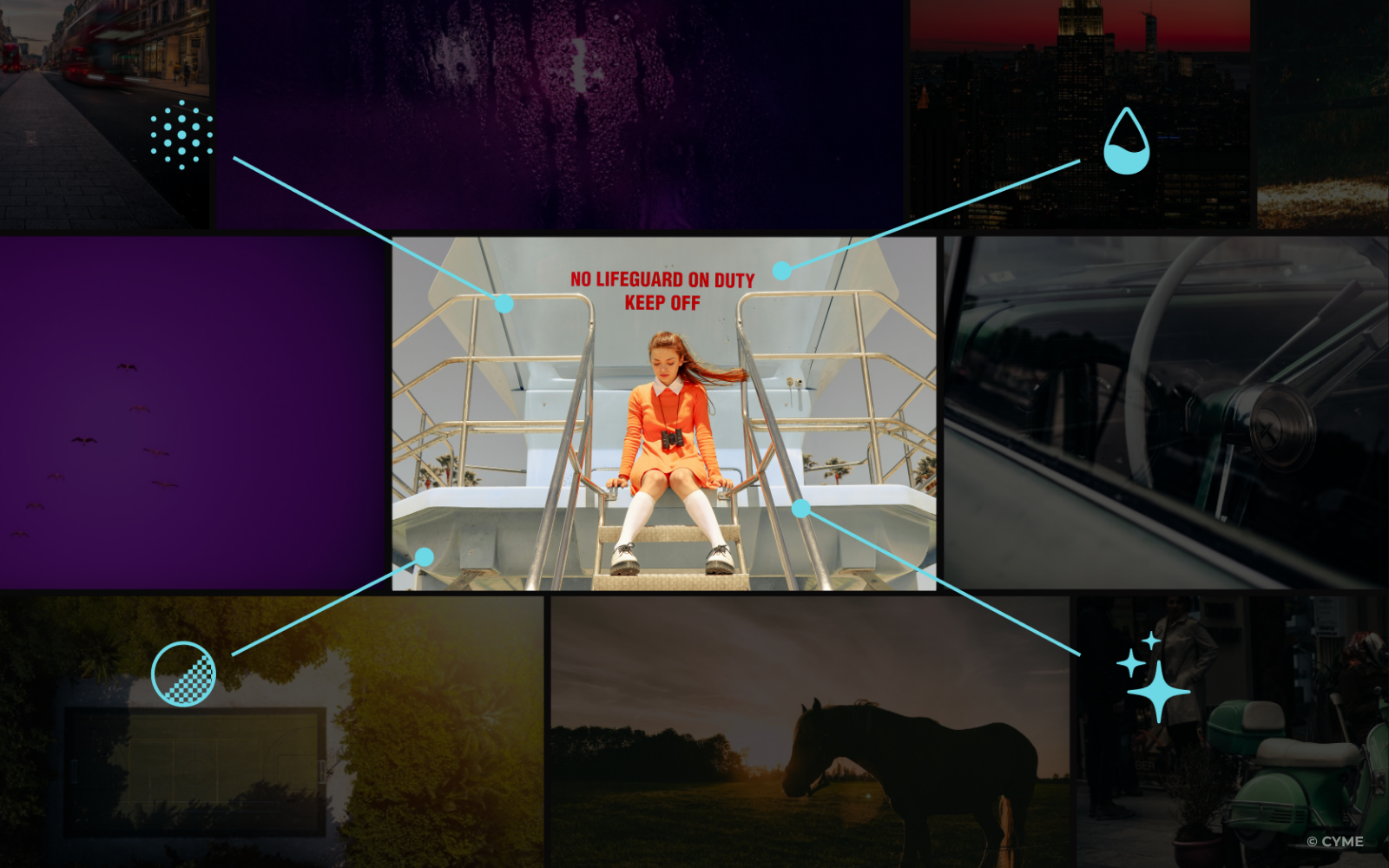 AI software analyzing an image of a girl on a lifeguard stand, highlighting colors, objects, and textures.