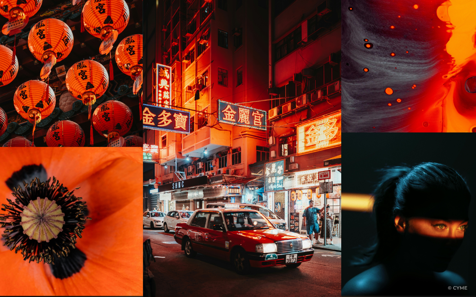 Collage of red-themed images including lanterns, neon signs, abstract art, a poppy, and a portrait.