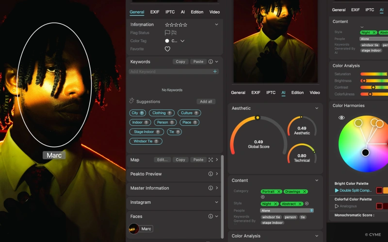 AI analysis of a portrait photo in Peakto, with color wheels, aesthetic scores, and tags like city, indoor, person, and Marc.