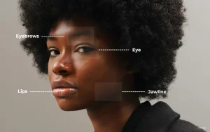 Facial recognition Program mapping facial landmarks like eyes, eyebrows, lips, and jawline on a portrait.