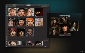 Face indexing view with grouped portraits in Peakto photo management software