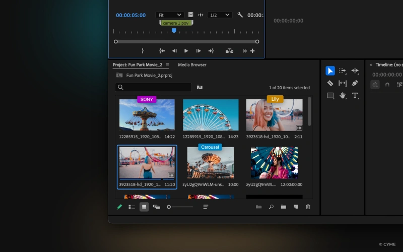 Video editing project browser with thumbnails tagged by object type and subject names.