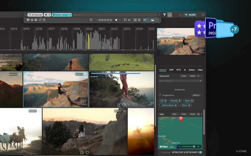 Video tagging interface showing timeline graph, clip thumbnails, keyword suggestions, and geolocation map by Peakto