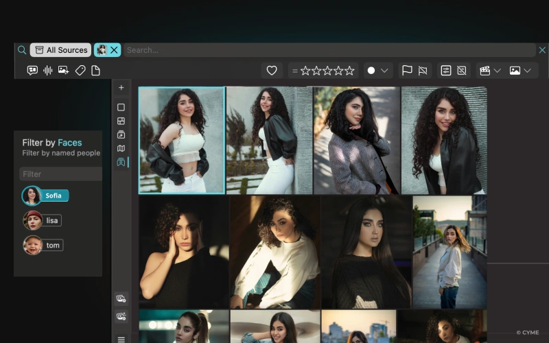 Search results filtered by faces in Peakto across different sources