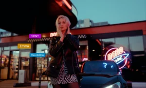 AI-generated metadata tags identifying a woman, location, and camera brand in a video frame.